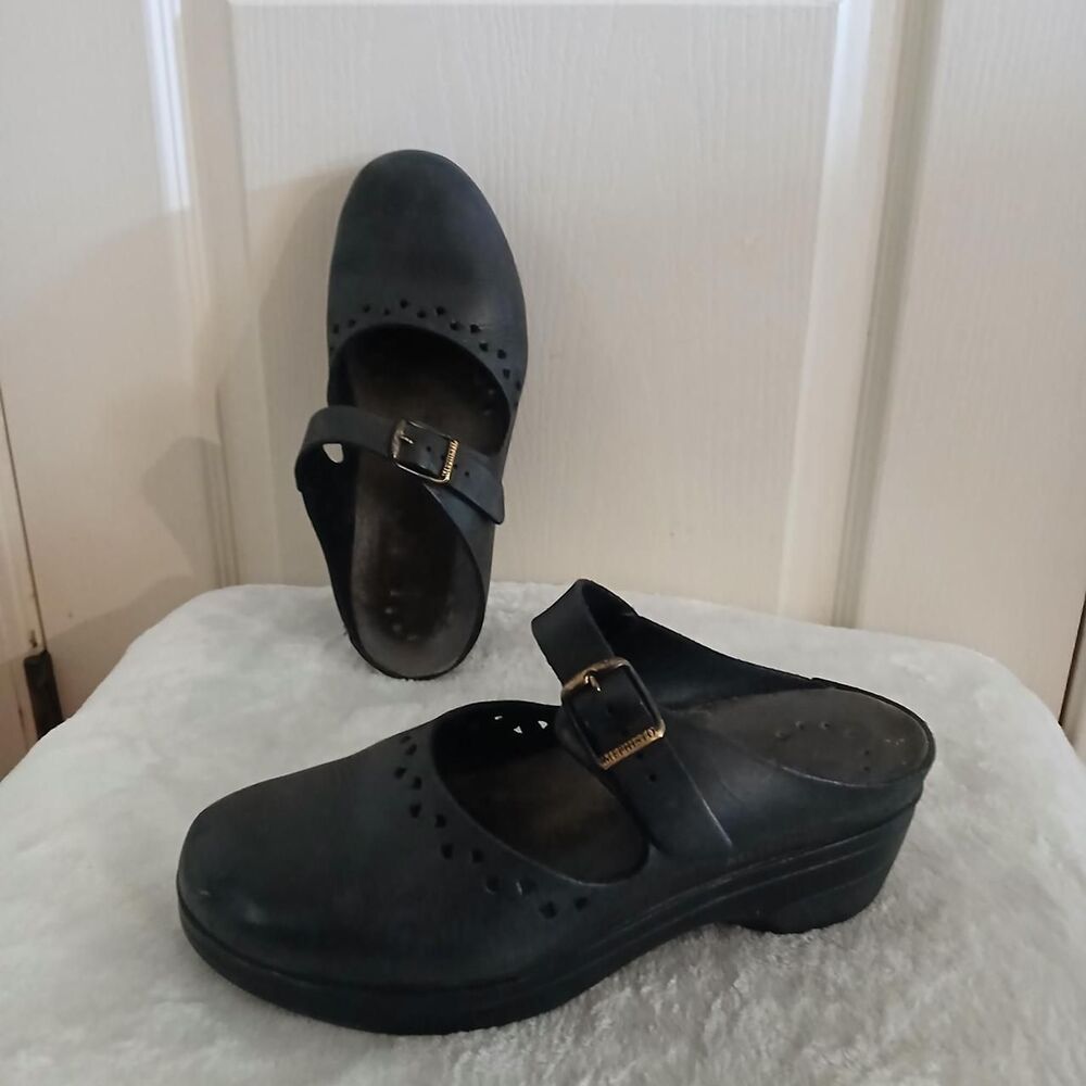 Mephisto Mobils Fabienne Black Leather Perforated Mary Jane Clogs Mules EU 39